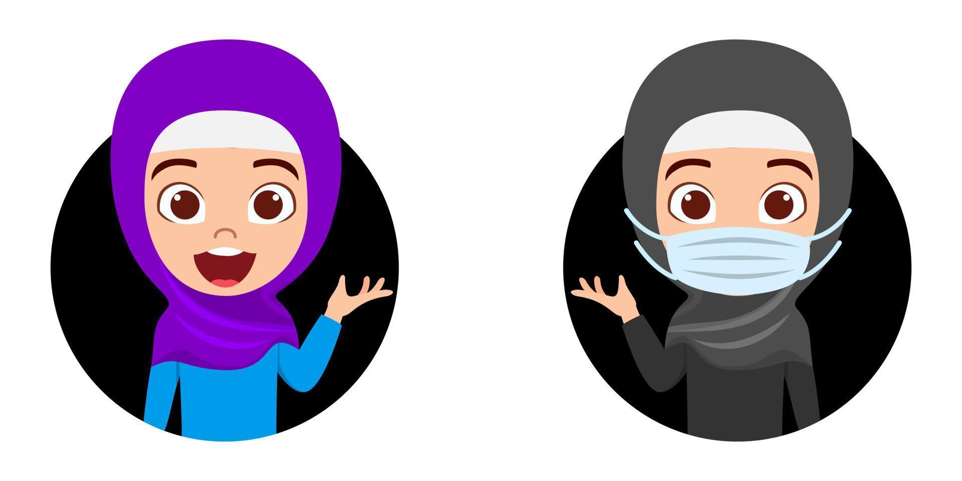 Happy cute beautiful Muslim Arab  kid  girl character avatar wearing Muslim business outfit hijab and mask with cheerful facial expression vector