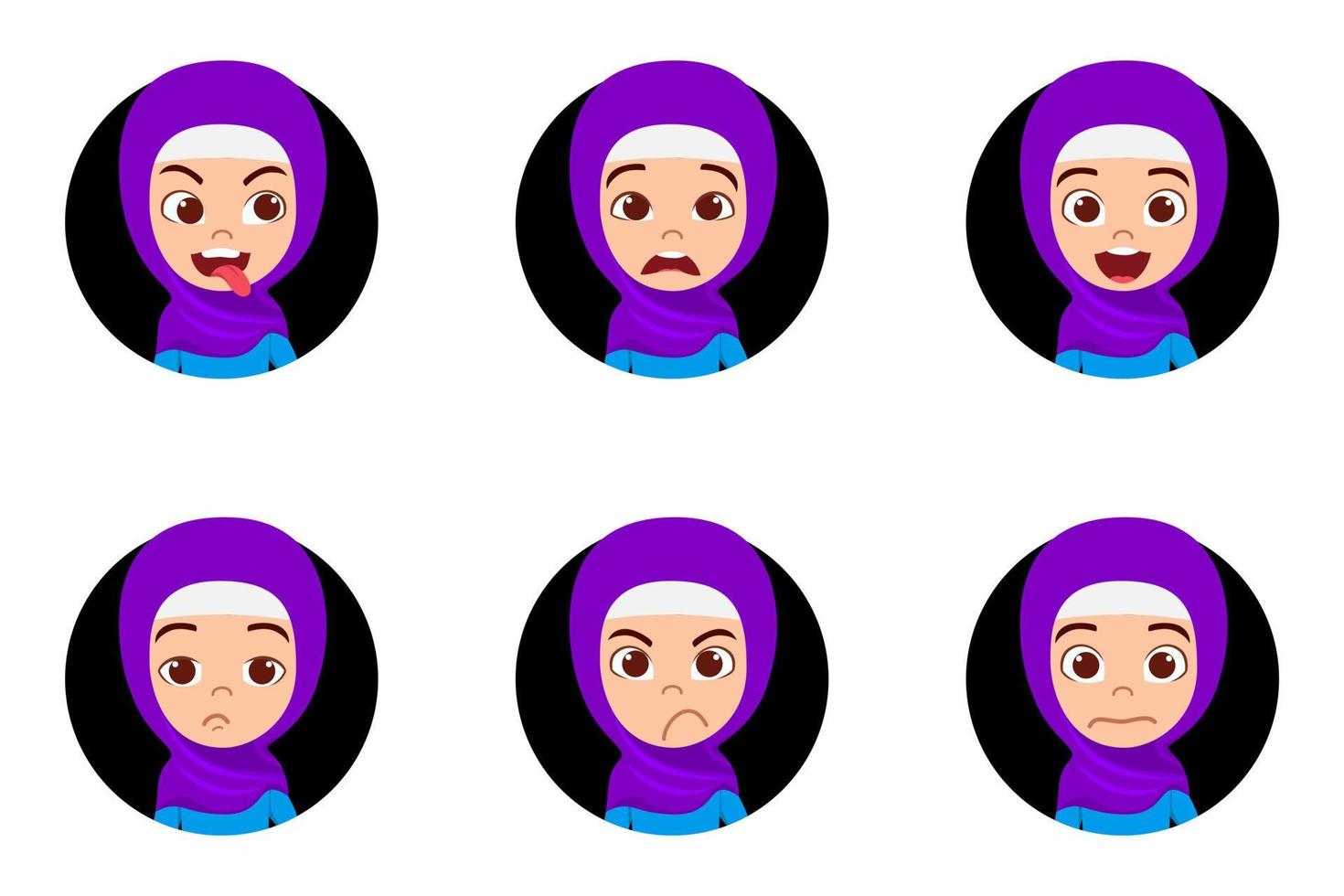 feliz lindo hermoso musulmán árabe niño niña personaje avatar vistiendo traje de negocios musulmán hijab con diferentes expresiones faciales y emociones vector