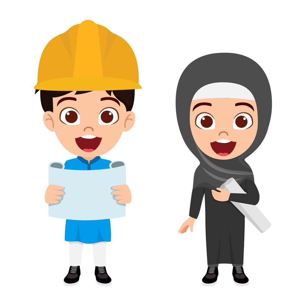 Happy cute beautiful Muslim Arab  kid boy and girl engineer character wearing Muslim business outfit hijab and standing with file and with cheerful expression vector