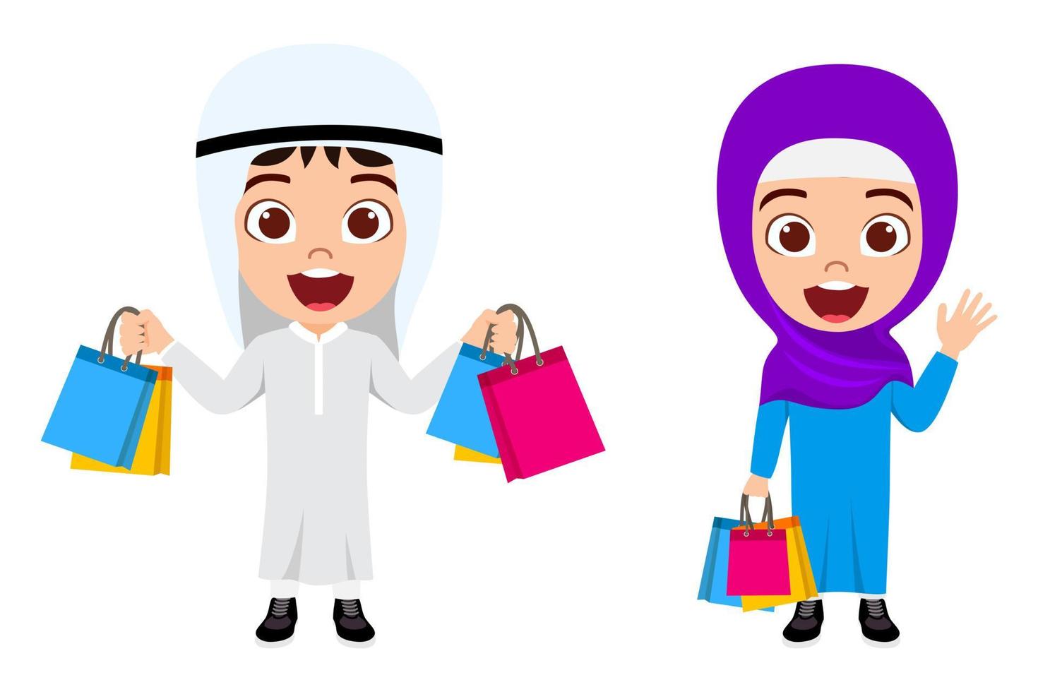 Happy cute beautiful Muslim Arab  kid boy and girl character wearing Muslim outfit hijab business outfit standing and holding shopping bags isolated vector