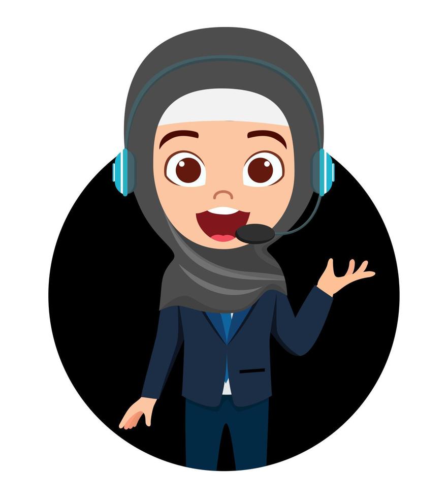 Happy cute beautiful Muslim Arab  kid  girl character avatar wearing Muslim business outfit hijab and microphone with cheerful facial expression vector