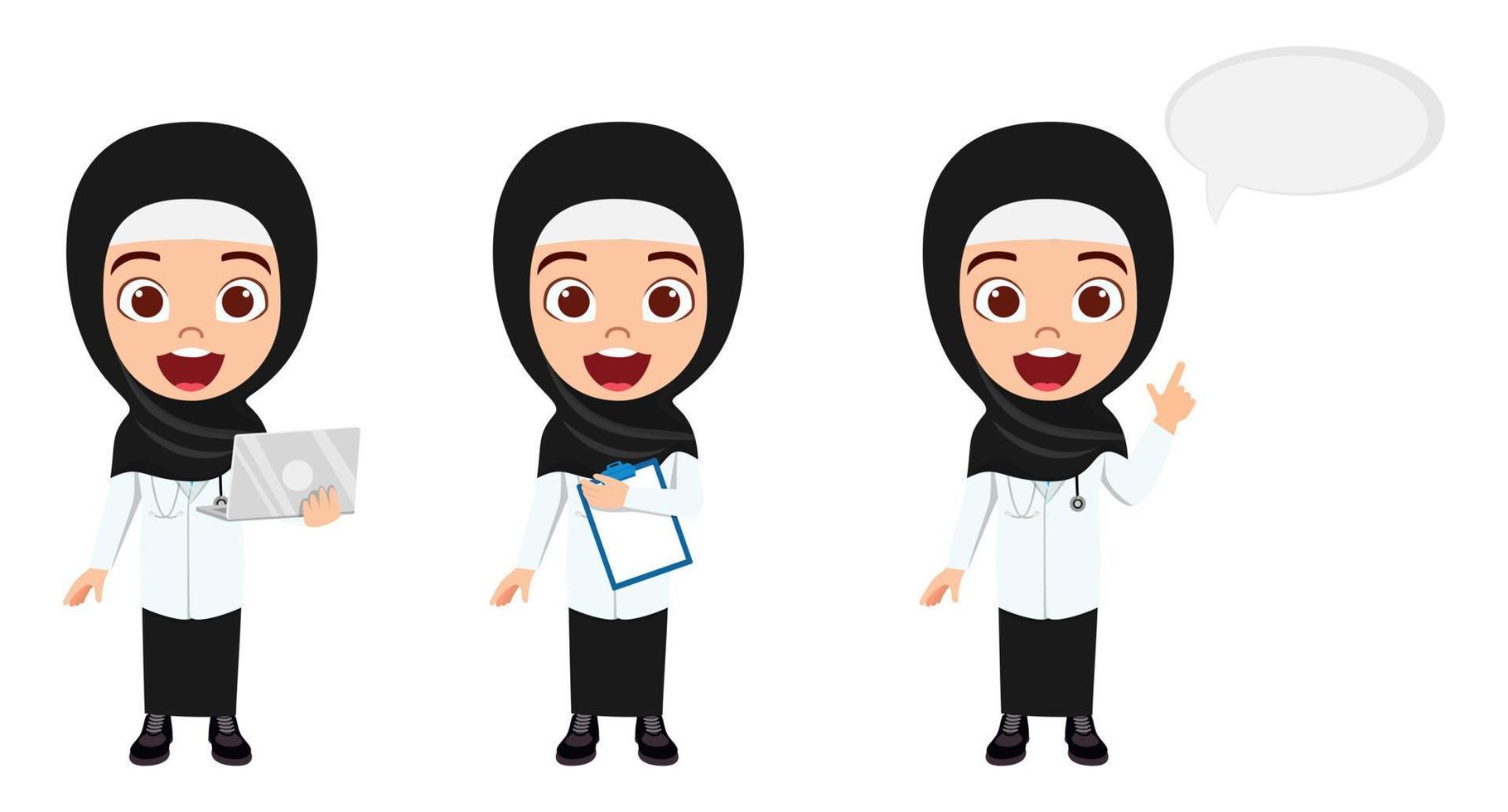 Happy cute Muslim Arab kid boy doctor nurse character wearing nurse outfit and standing holding clipboard laptop and doing different actions with cheerful facial expression with speech bubble vector