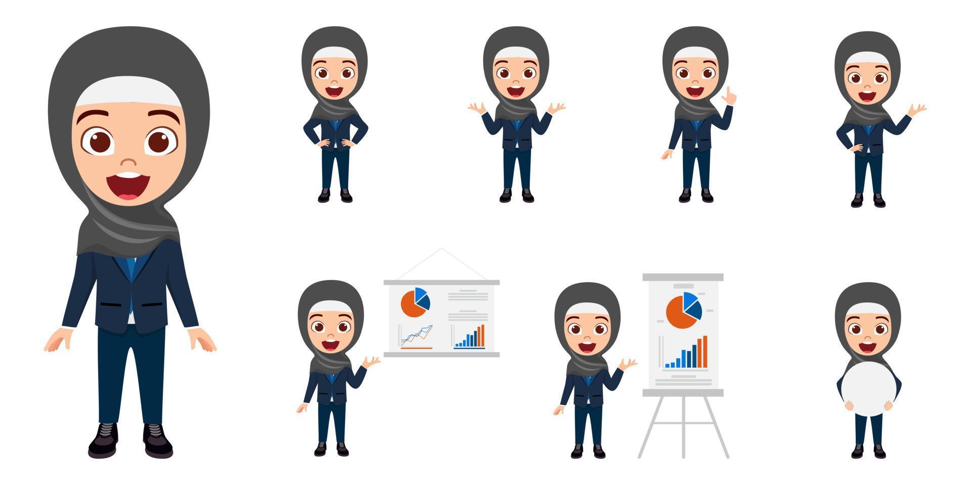 Feliz lindo personaje de mujer de negocios árabe musulmán vistiendo traje de negocios e hijab de pie sosteniendo un cartel en blanco y haciendo diferentes acciones con gráfico de ventas con expresión facial alegre vector