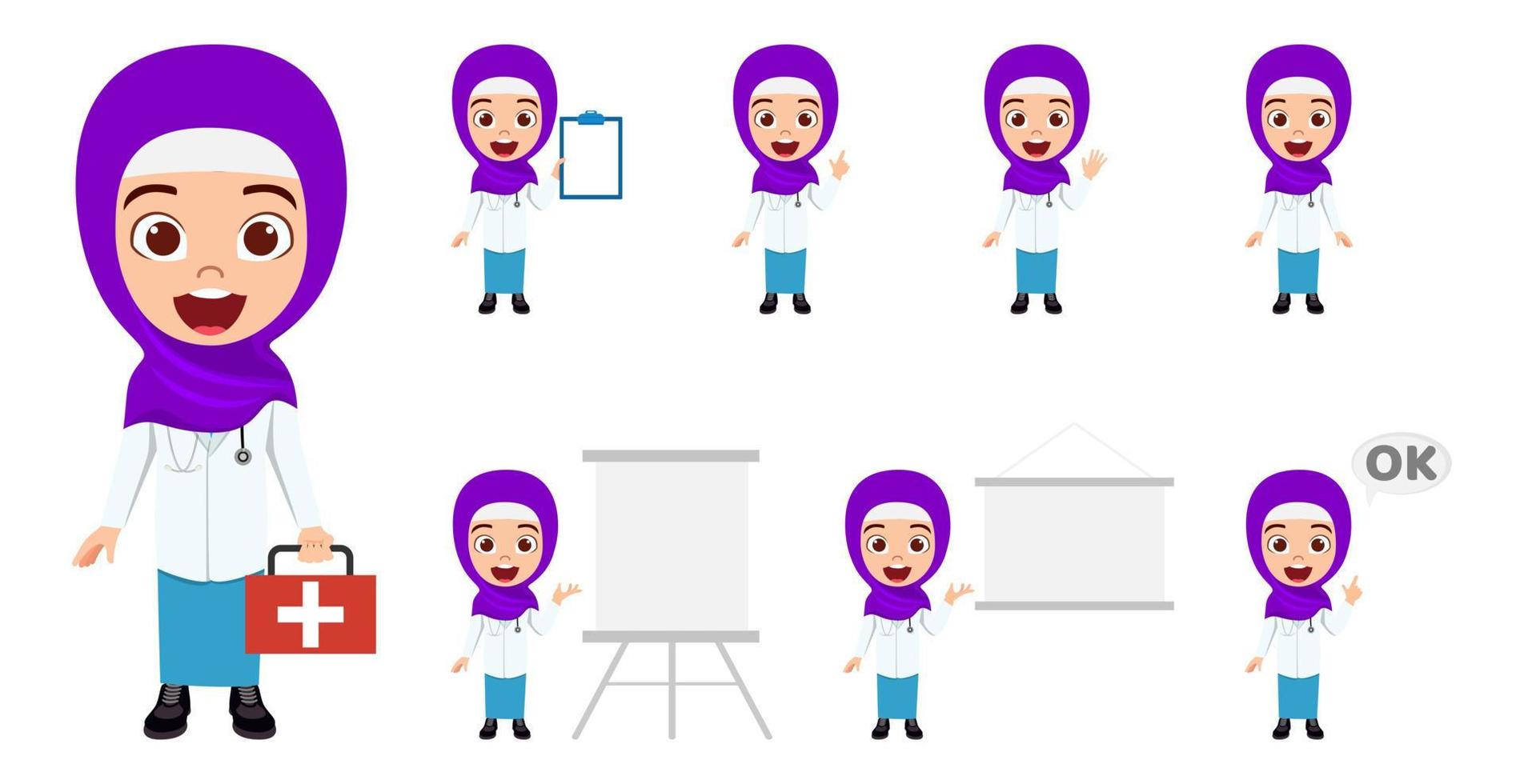 Happy cute Muslim Arab kid doctor nurse character wearing nurse outfit and Hijab standing holding clipboard medical kit and doing different actions vector