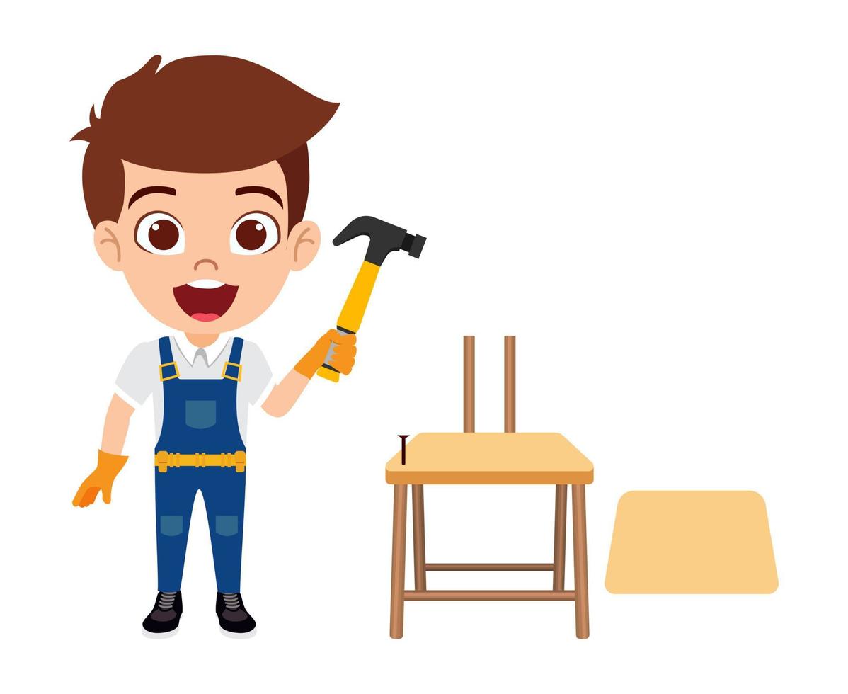 Happy cute beautiful kid boy carpenter construction worker standing and posing holding hammer and building wooden chair vector