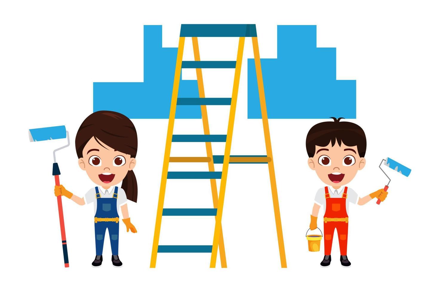 Happy cute beautiful kid boy and girl painter construction worker standing and posing holding color brush with color bucket and painting with stairs vector