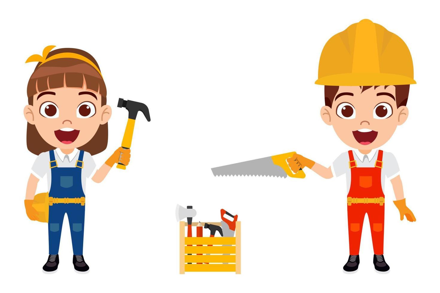 Happy cute beautiful kid boy and girl carpenter construction worker standing and posing holding tools cutter handsaw hammer toolbox vector