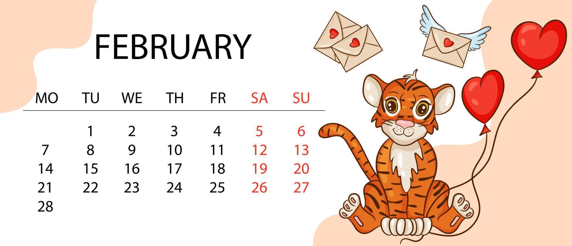 Calendar design template for 2022, the year of the tiger according to the Chinese or Eastern calendar, with an illustration of the tiger. Horizontal table with calendar for 2022. Vector