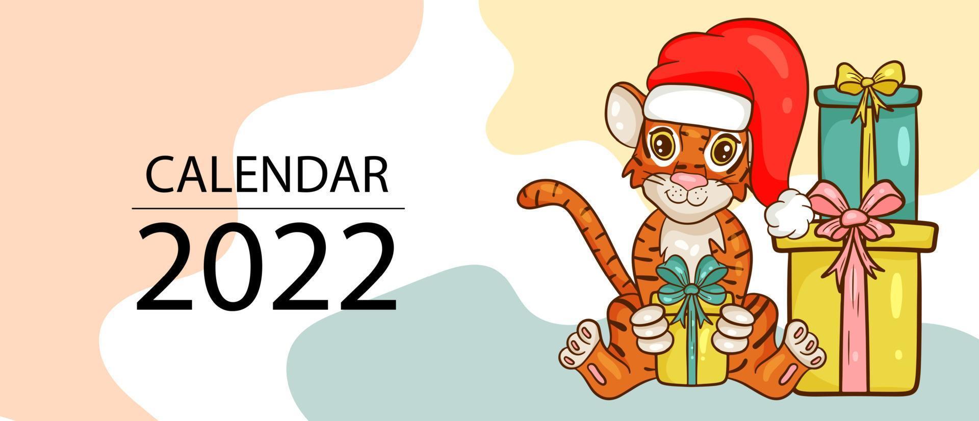 Calendar design template for 2022, the year of the tiger according to the Chinese or Eastern calendar, with an illustration of tiger. Cover page for the calendar for 2022. Vector