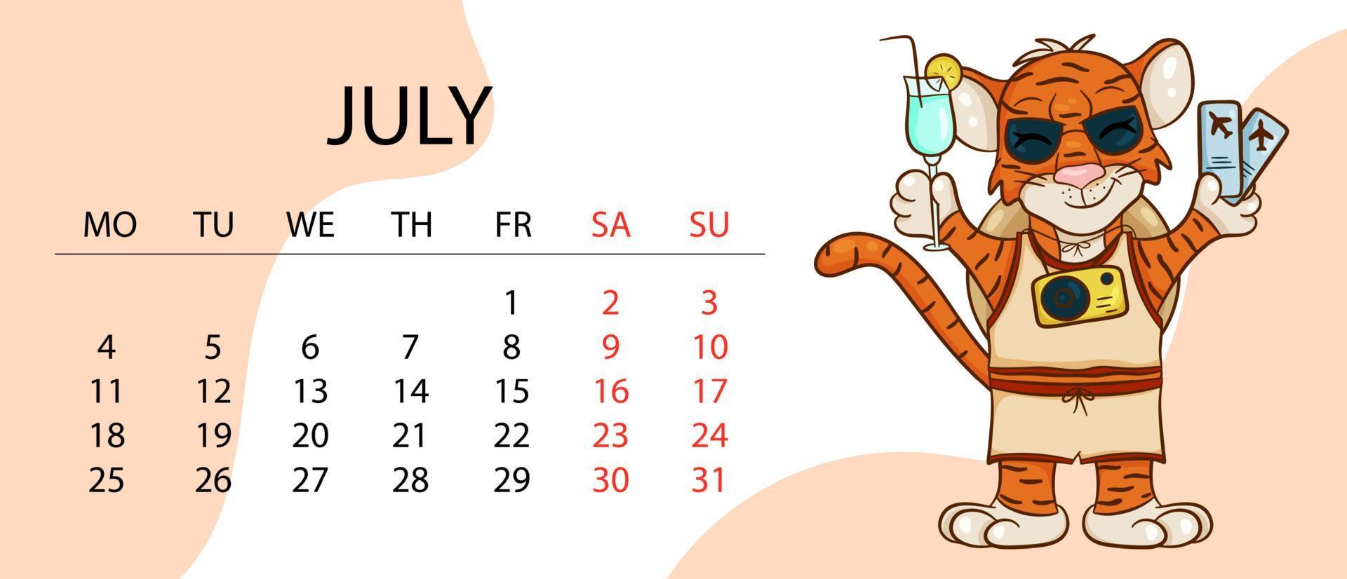 Calendar design template for 2022, the year of the tiger according to the Chinese or Eastern calendar, with an illustration of the tiger. Horizontal table with calendar for 2022. Vector