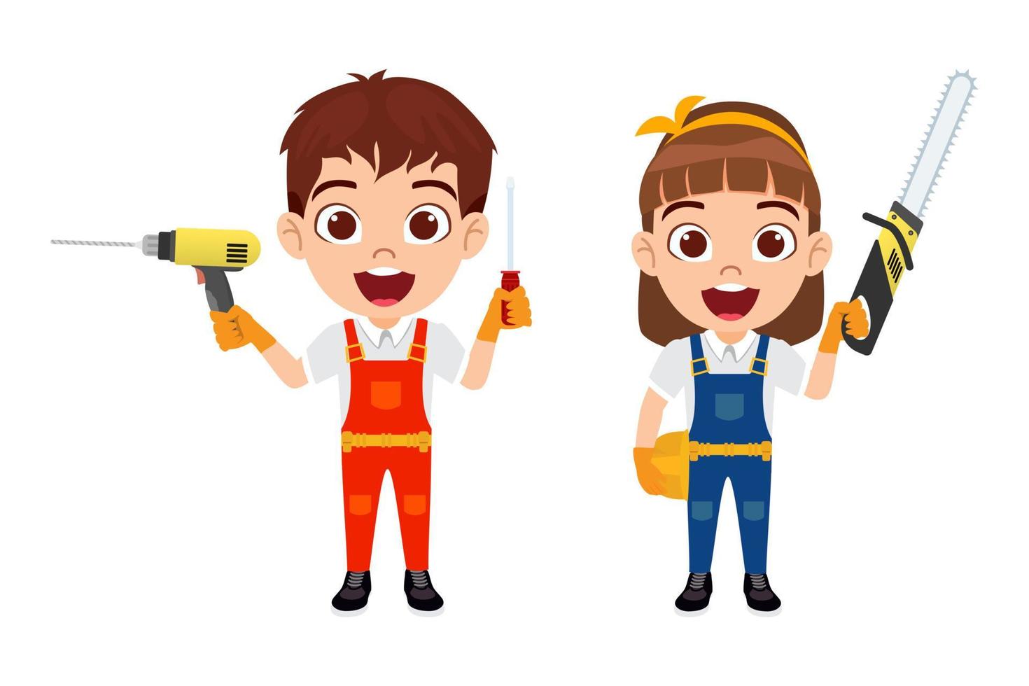 Happy cute beautiful kid boy and girl carpenter construction worker standing and posing holding tools chainsaw screwdriver vector