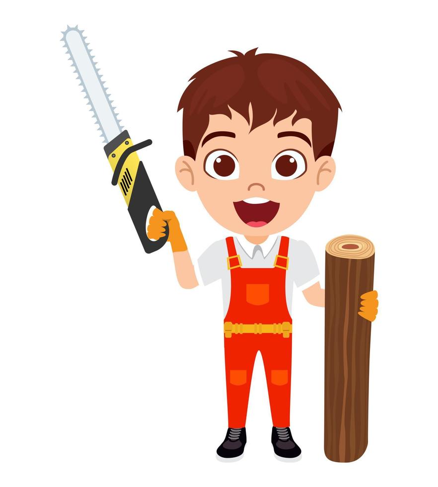 Happy cute beautiful kid boy carpenter construction worker standing and posing holding wooden tree  chainsaw vector