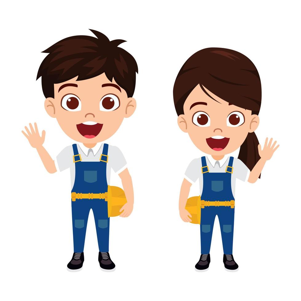 Feliz lindo niño hermoso niño y niña ingeniero trabajador de la construcción personaje de pie y posando vector