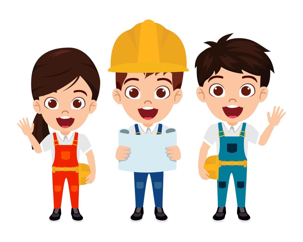 Happy cute beautiful kid boy and girl engineer construction worker standing and posing holding report file waving vector