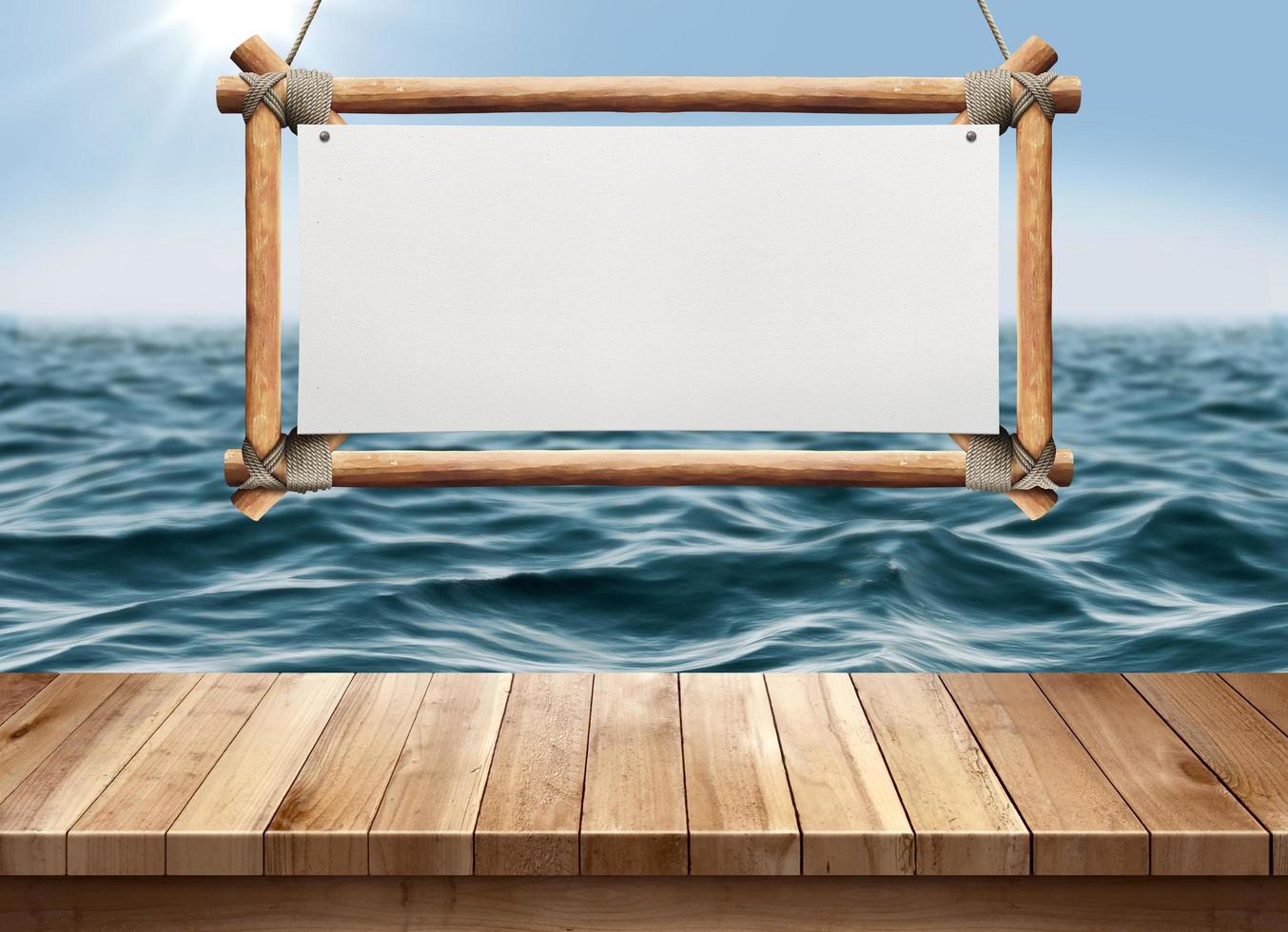 océano azul con tabla de madera colgante y mesa de madera foto