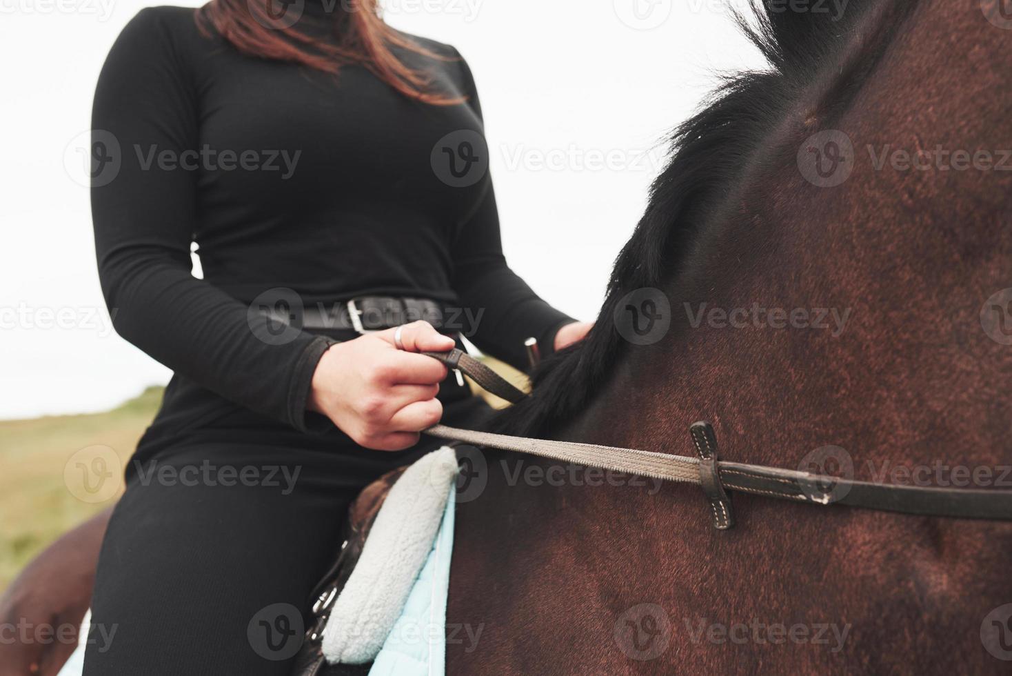 Imagen en primer plano de la joven y bella mujer monta un caballo foto