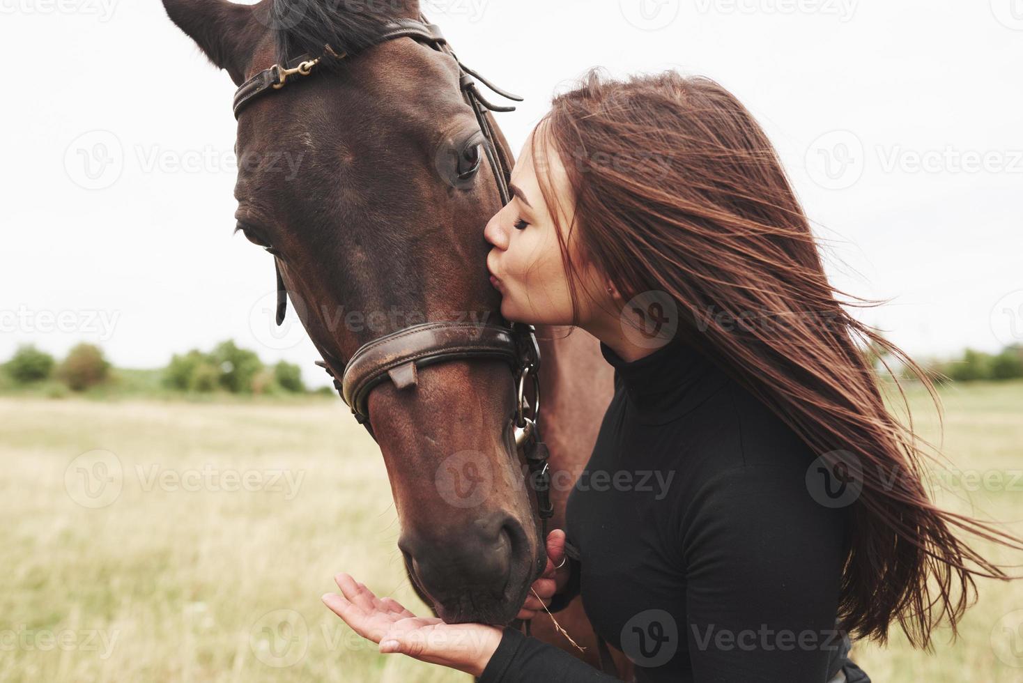 una niña feliz se comunica con su caballo favorito. la niña ama a los animales y a montar a caballo foto