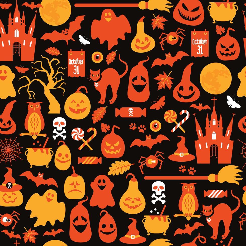 patrón sin fisuras de halloween con calabazas e iconos. vector