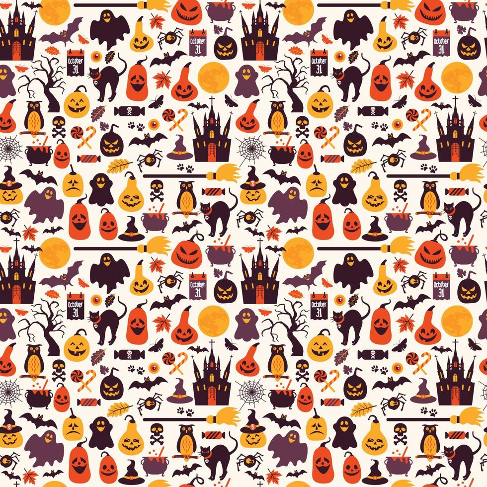 Seamless pattern of halloween for autumn celebration with icons vector