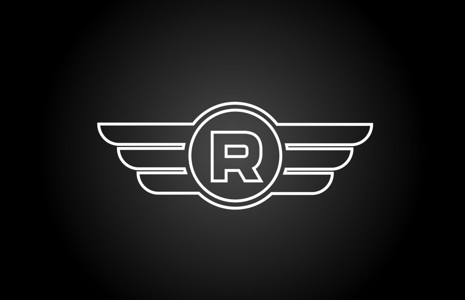 R alphabet letter logo icon for business and company with black and white line wing design vector