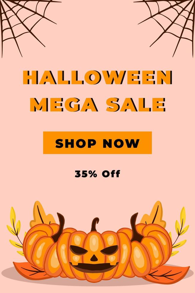 hand drawn halloween sale poster with scary pumpkin, floral, and cobweb vector