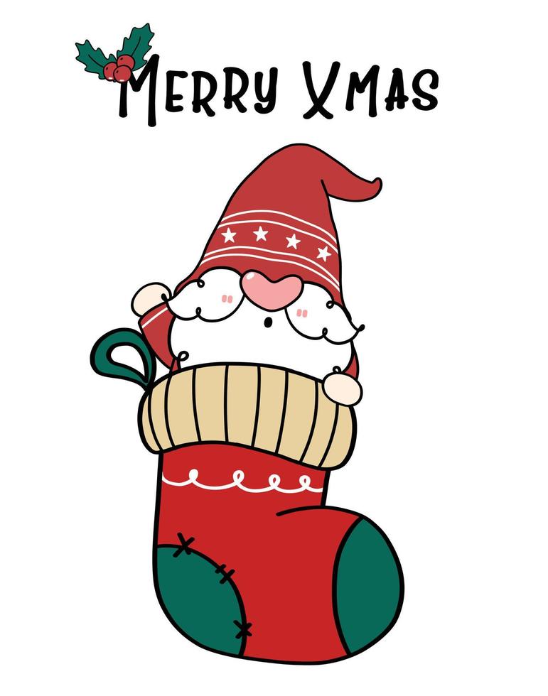 lindo gnomo de santa en calcetín de navidad, feliz navidad. vector plano dibujado a mano doodle de dibujos animados
