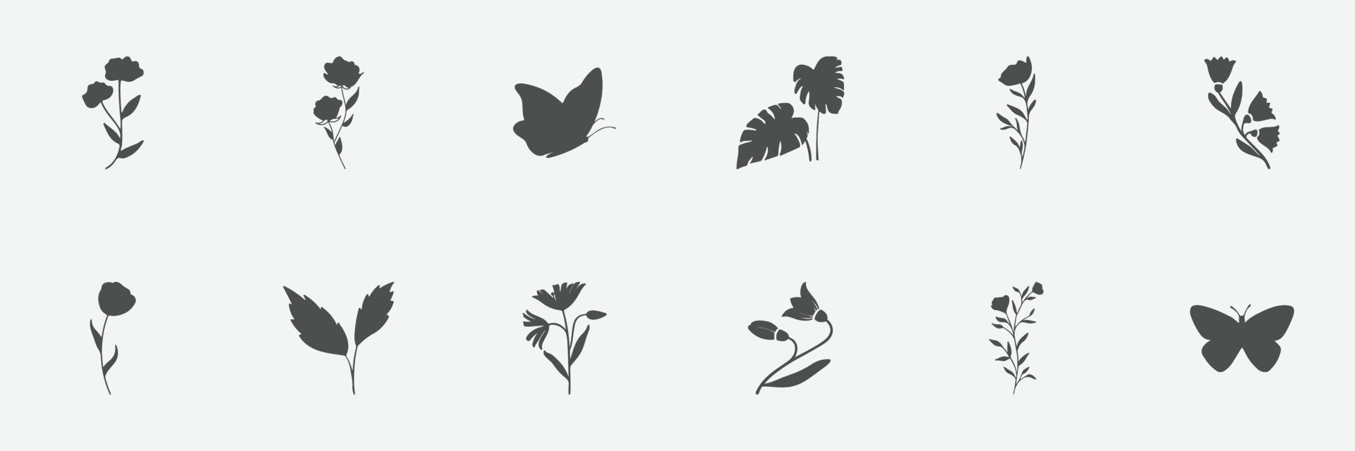 floral set of silhouettes of plants and flowers vector