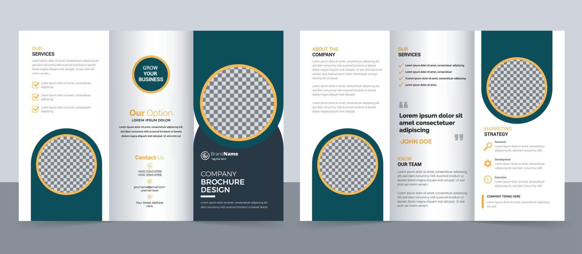 Plantilla de folleto comercial en diseño tríptico. folleto de diseño corporativo con imagen replicable. vector