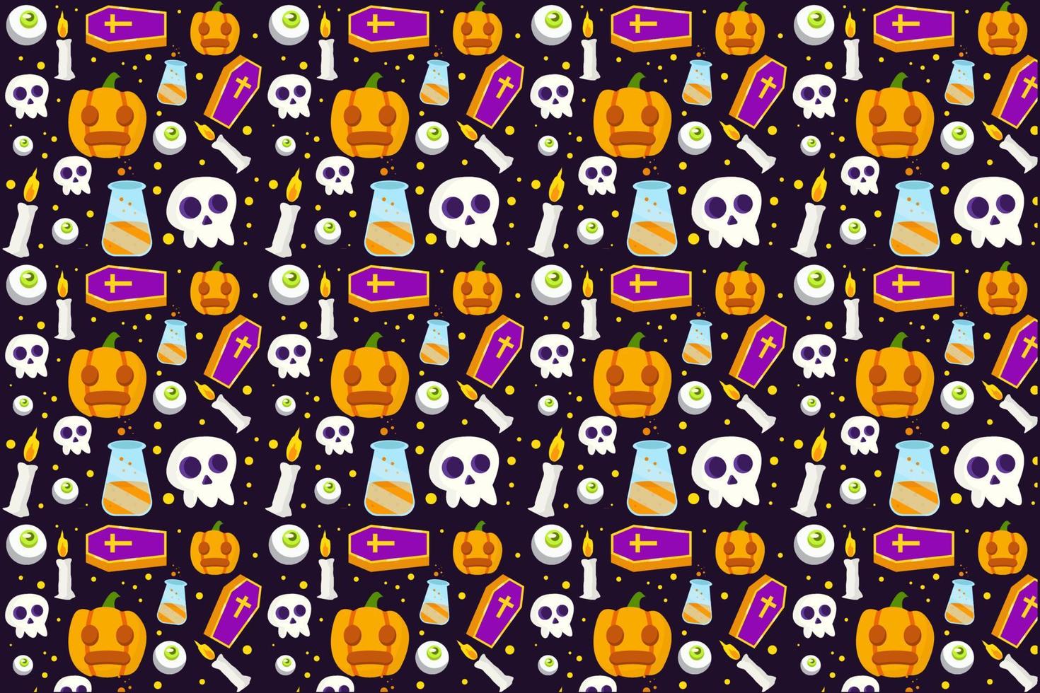 vector halloween pattern with skull, coffin, candle, pumpkin, and eyeball