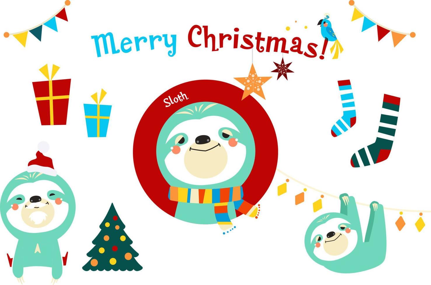 Cute Sloth with colorful Christmas hand drawn vector illustration.