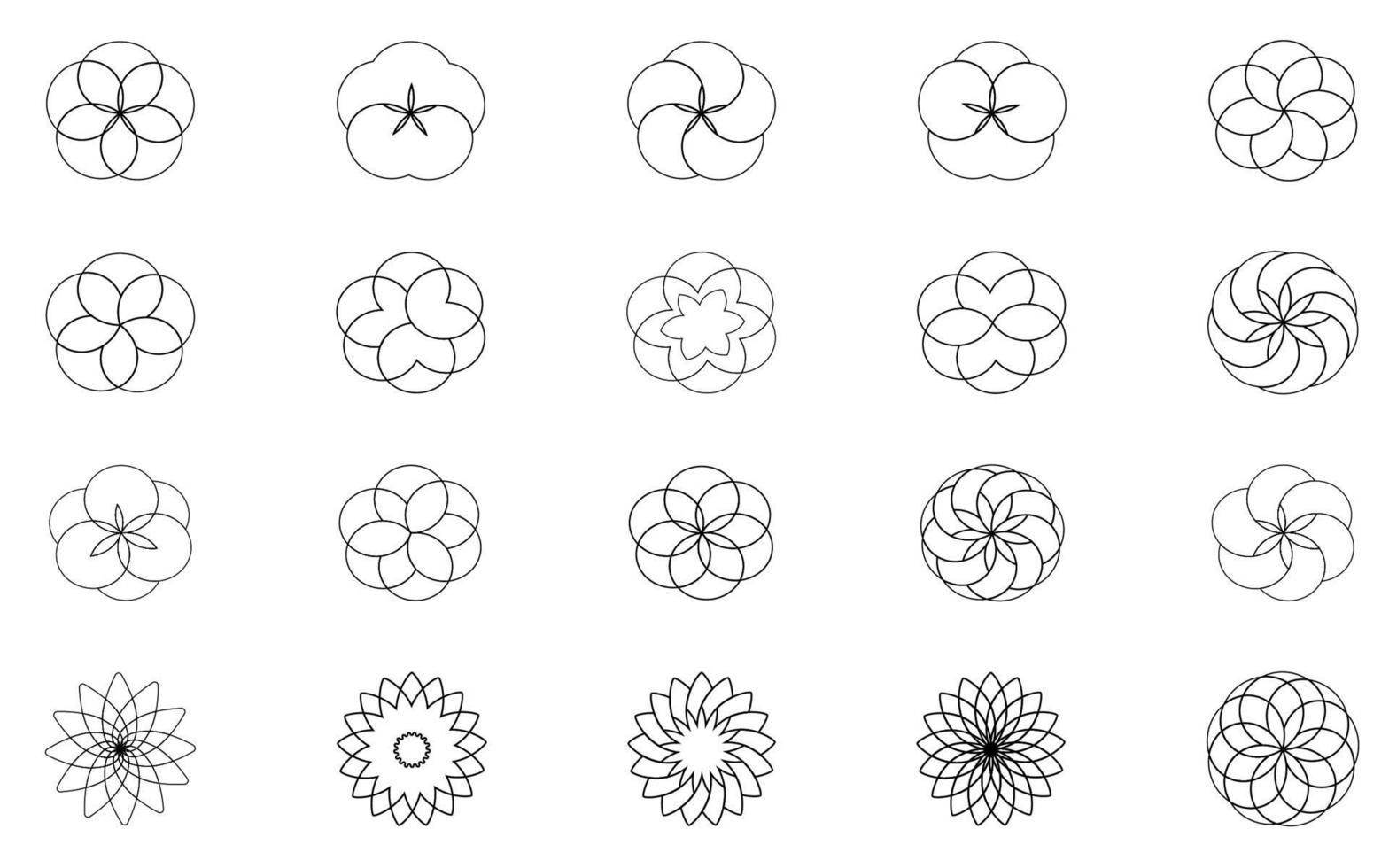 Icons Set Black White Colors Small Flowers. Vector illustration