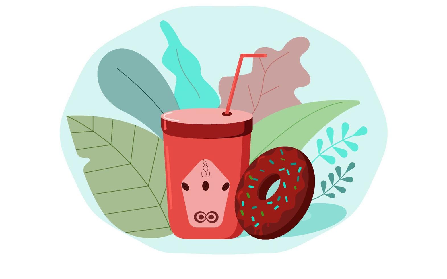Coffee in a paper cup with a donut.Color triad. Vector illustration