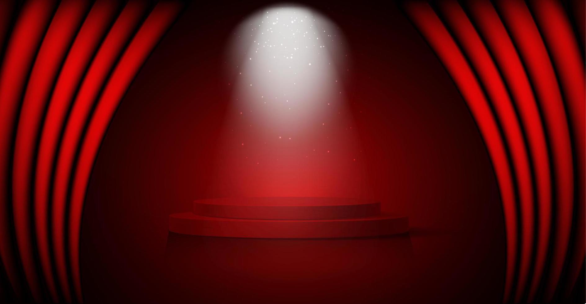 Podio ganador 3d, escalera de alfombra roja, concepto de premio de fiesta de celebridades. Banner de cortina de terciopelo rojo evento de hollywood, material de plantilla de películas y cine, vector de estrellas de premio de la academia aislado sobre fondo rojo