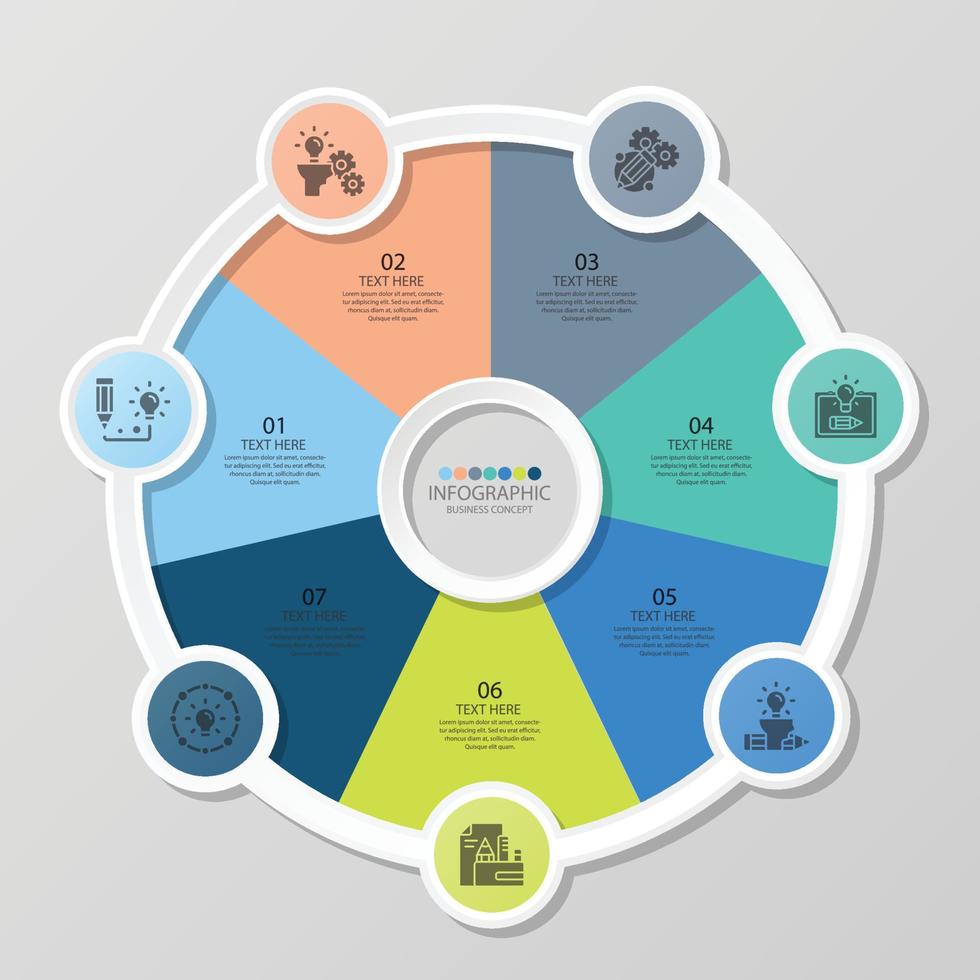 Plantilla de infografía de círculo básico con 7 pasos. vector