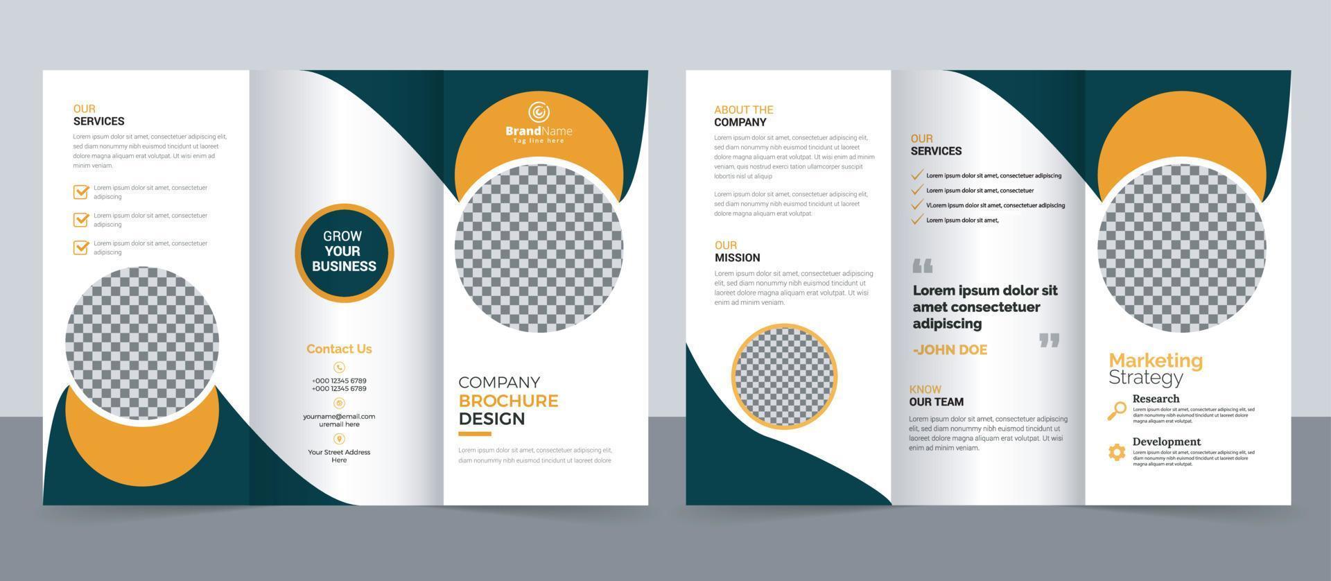 Plantilla de folleto comercial en diseño tríptico. folleto de diseño corporativo con imagen replicable. vector