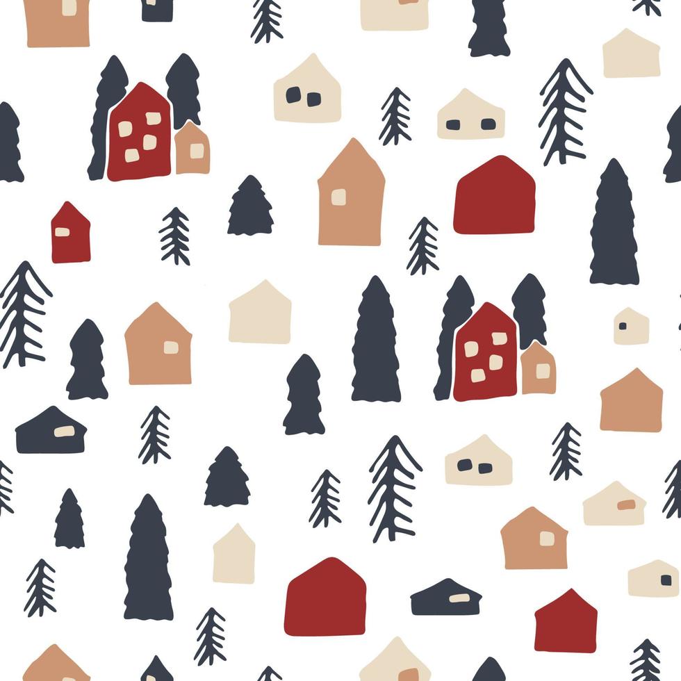 Winter hand drawn modern houses, Christmas trees elements on seamless repeat pattern for cozy Christmas time. Vector illustration in beige, blue, red colors on white background