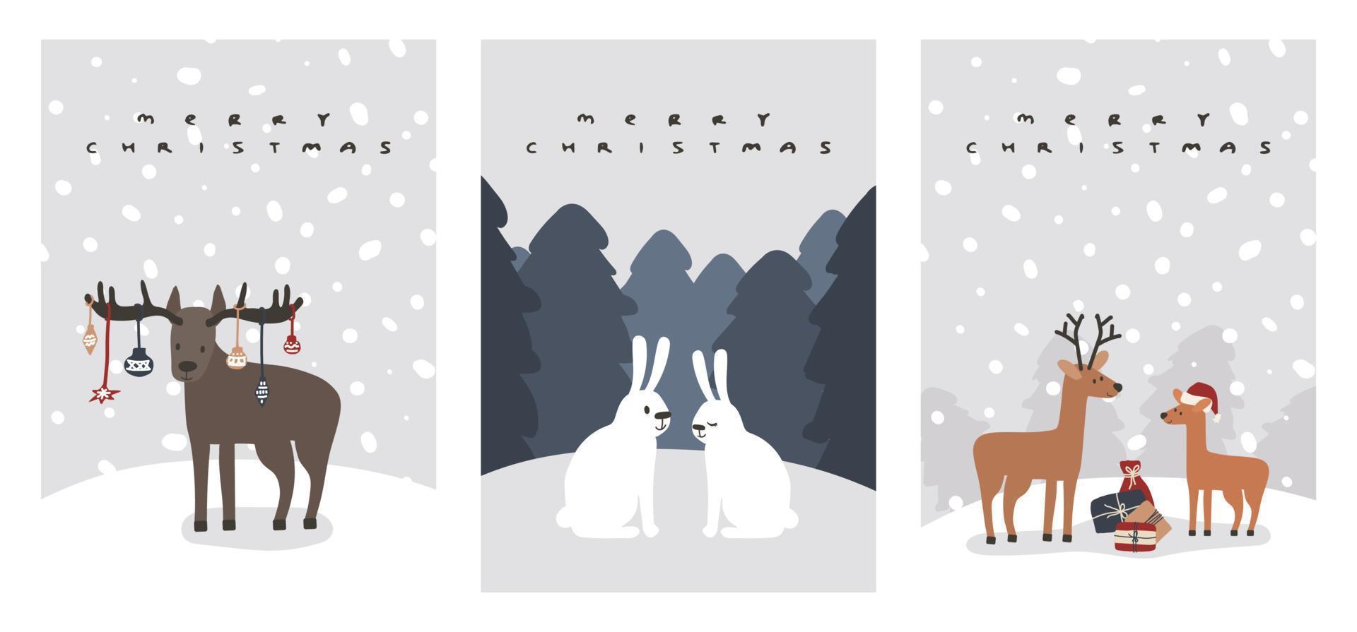 conjunto de tarjetas navideñas de ciervos, alces, liebres, familia de conejos en el bosque, tiempo de nieve. ilustraciones vectoriales para vacaciones de invierno vector