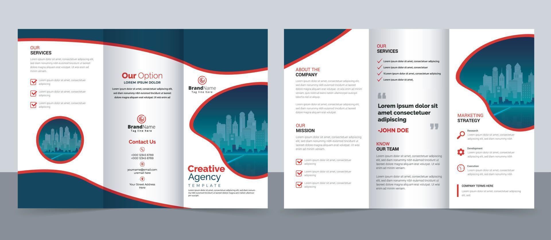 Plantilla de folleto comercial en diseño tríptico. folleto de diseño corporativo con imagen replicable. vector