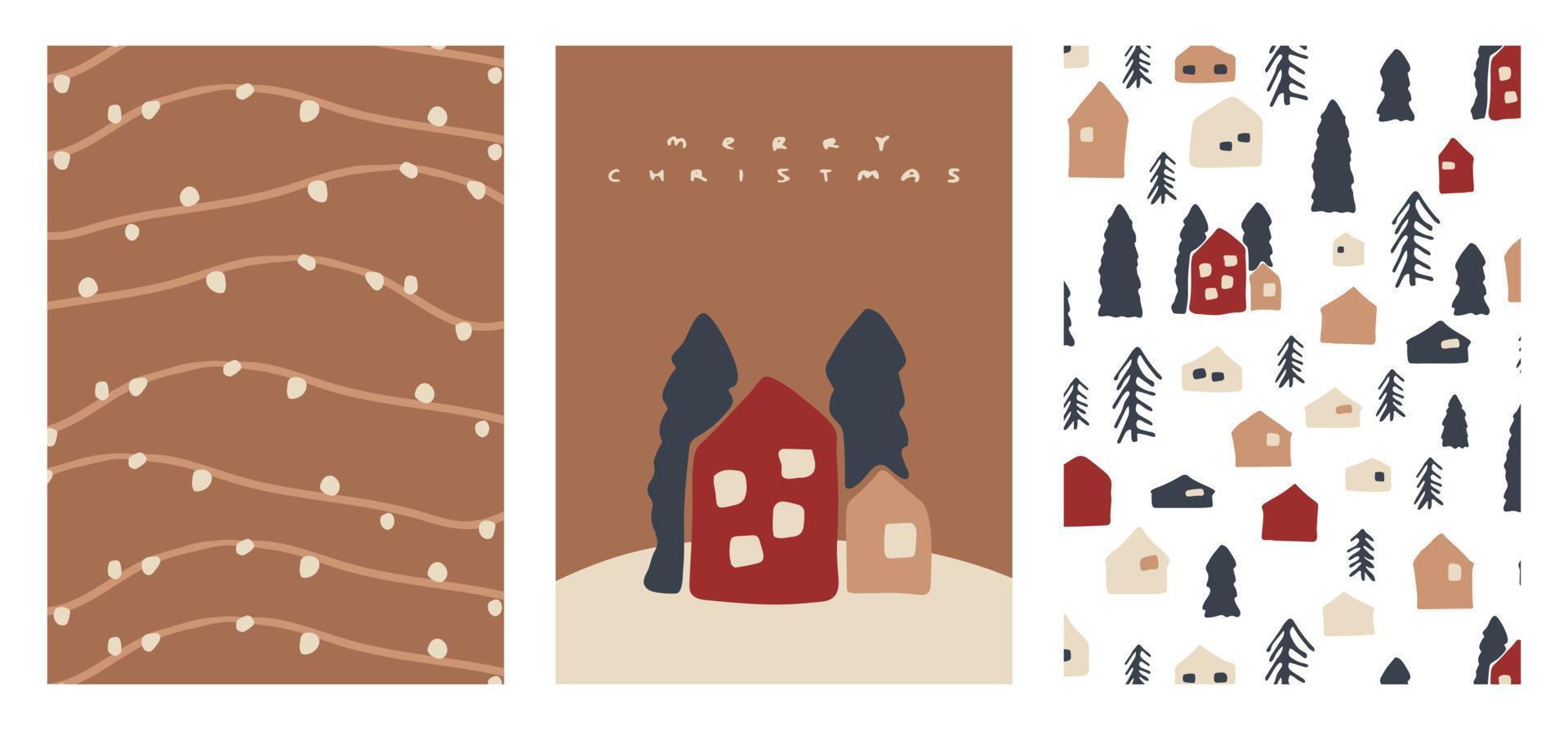 Set of Christmas hand drawn cards. Cozy vector illustrations of knitted, thread, city or village wooden houses, Christmas trees elements for winter holidays