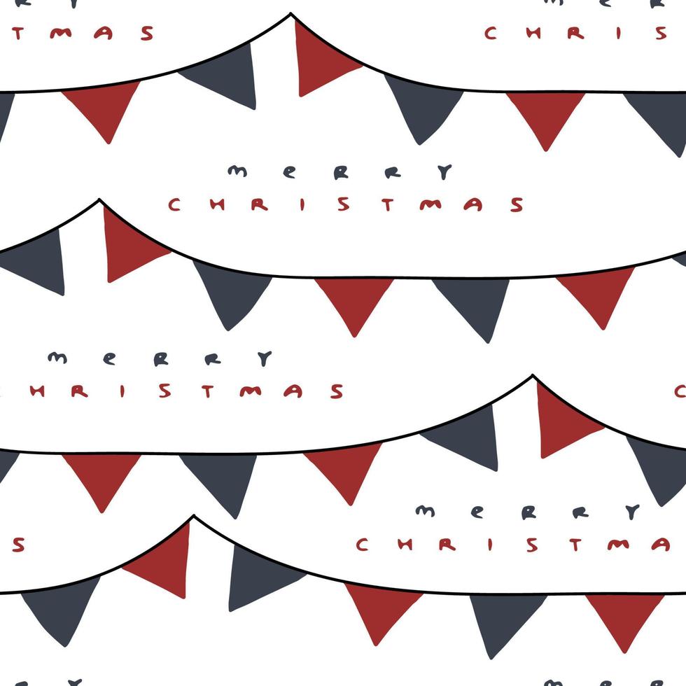 Merry Christmas text, flags decoration elements on winter hand drawn seamless pattern for Christmas time. Vector illustration in blue, red colors on white background