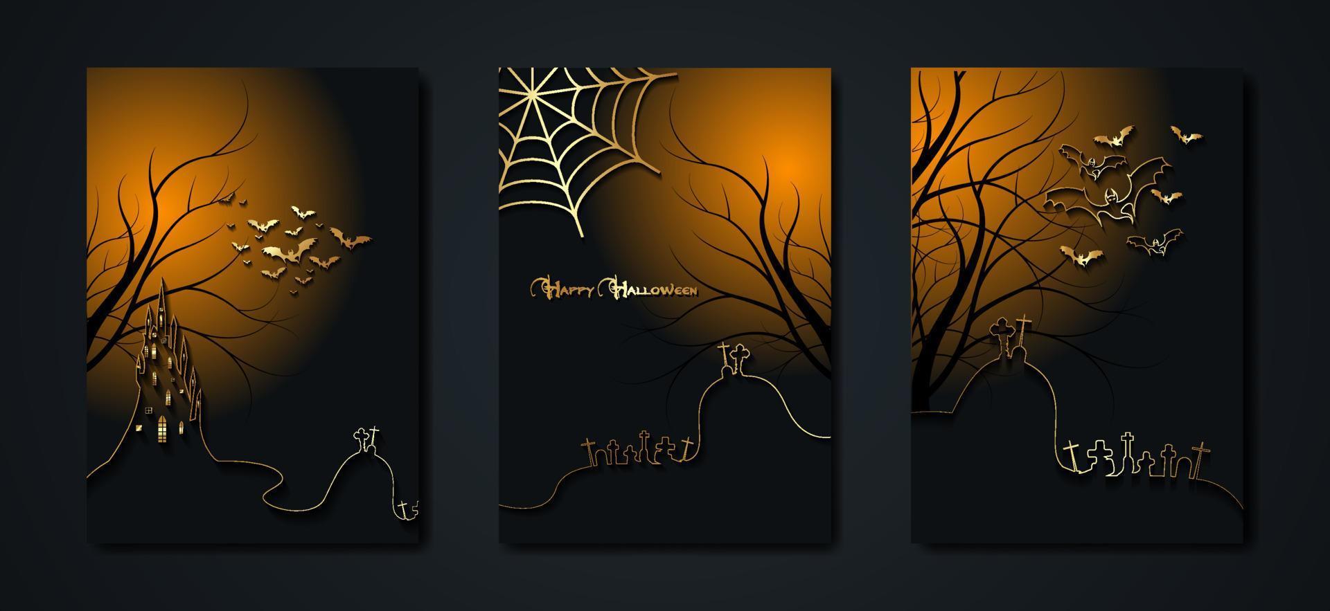Halloween party, set gold cards spooky dark background, silhouettes of characters and scary bats with gothic haunted castle, horror theme concept, scary pumpkin and dark graveyard, vector templates