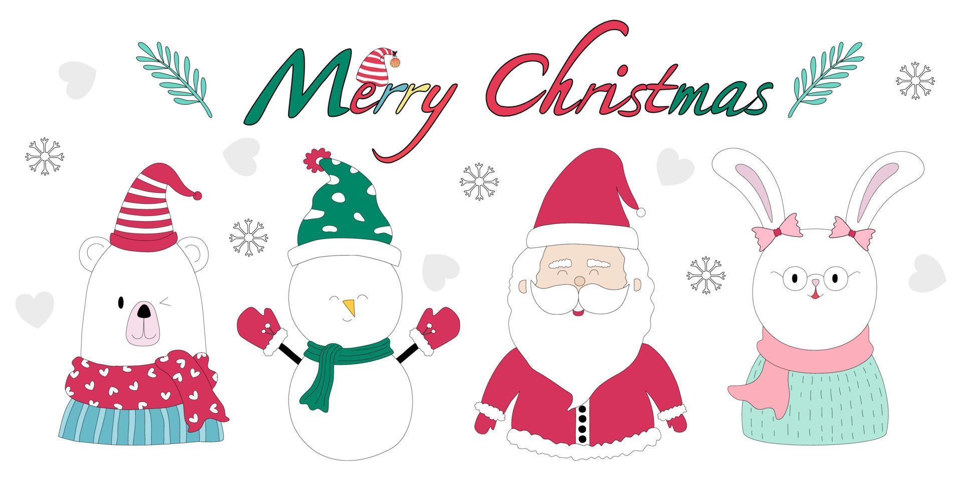 Feliz Navidad con una linda imagen prediseñada de personajes diseñada en estilo doodle que se puede aplicar a diferentes temas navideños según tus preferencias. vector