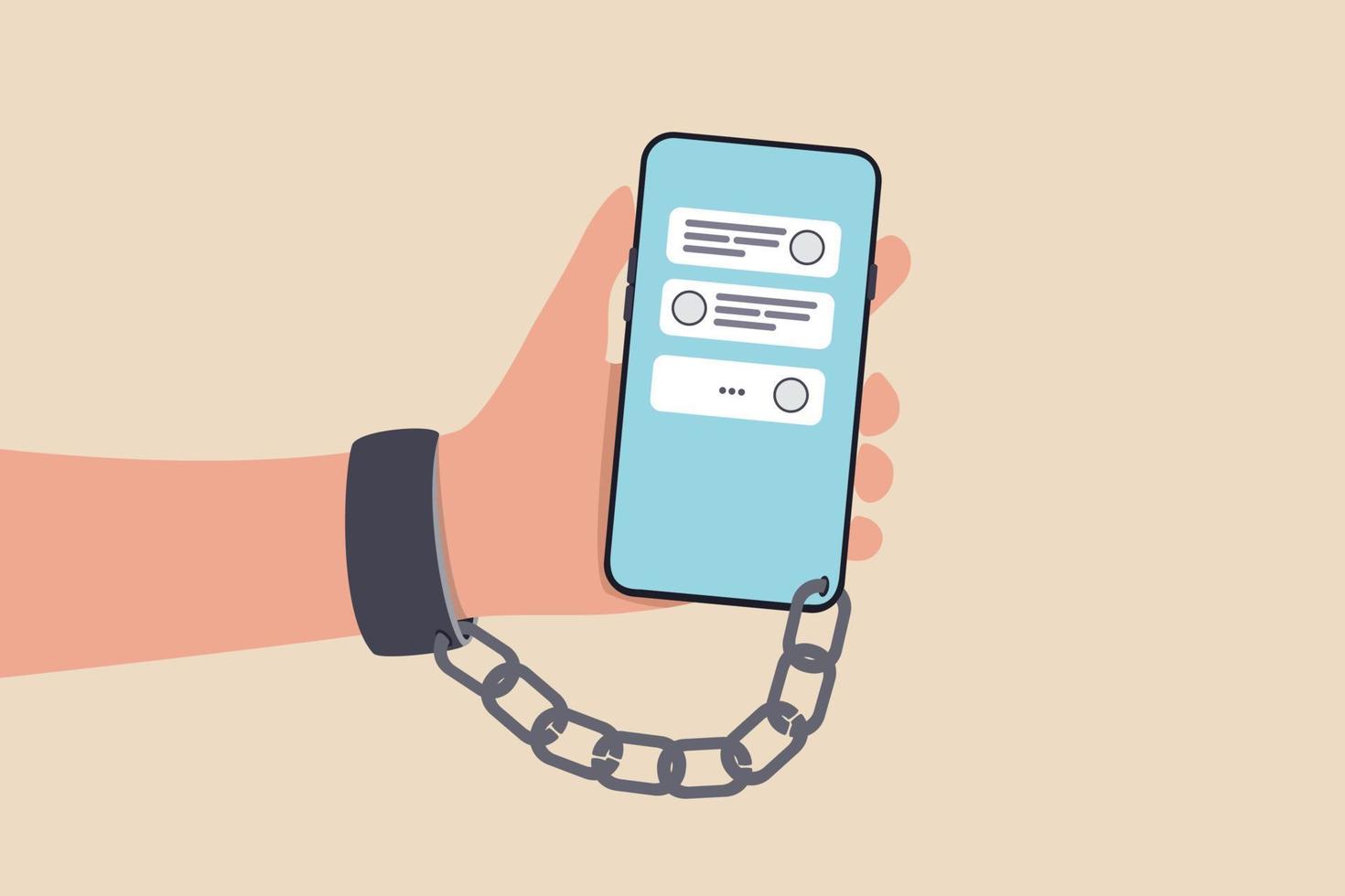 Nomophobia or no mobile phone phobia, smartphone and social media addicted or fear of missing out concept, young people with handcuff chained with mobile phone with chat and social media applications. vector