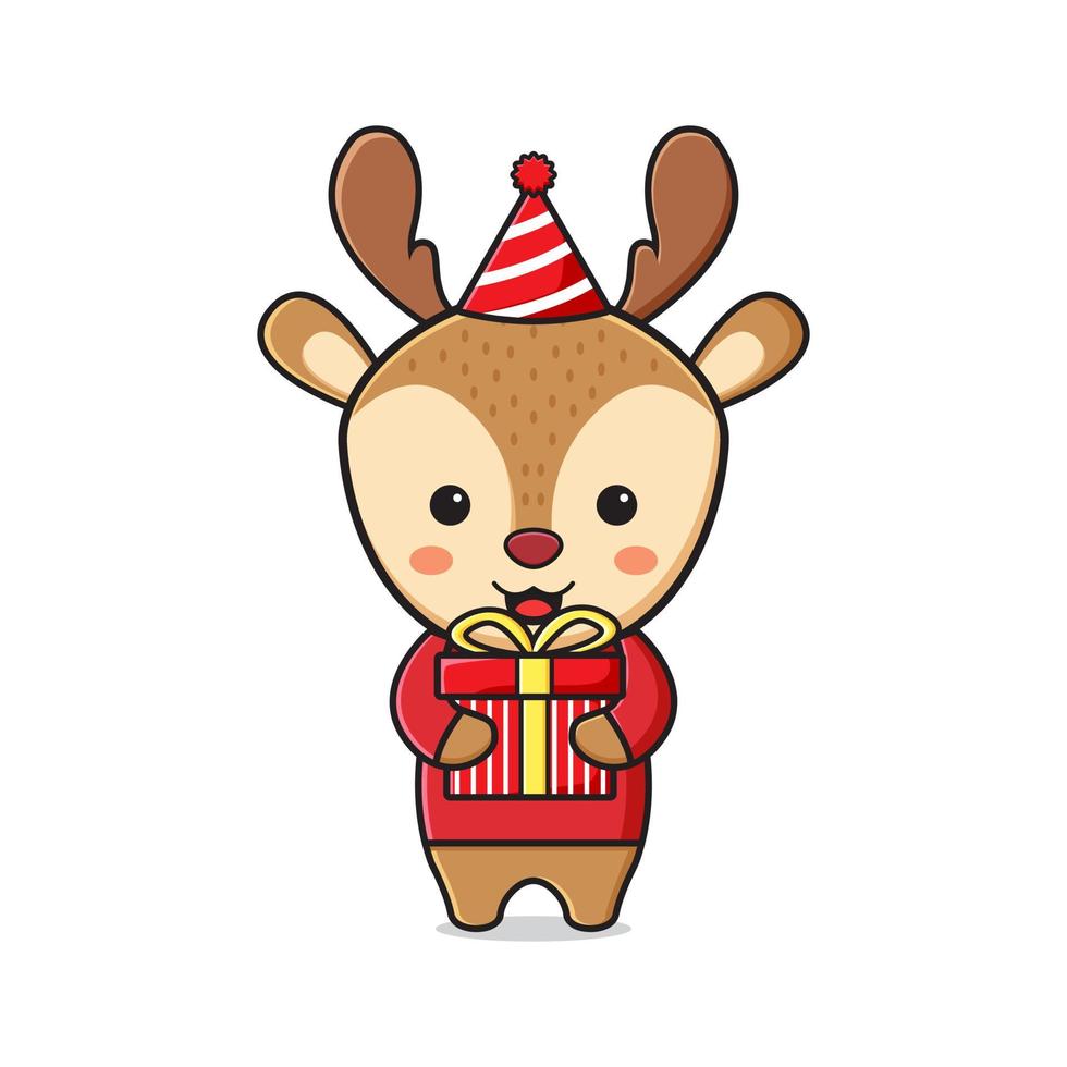 Cute deer holding present celebrating christmas cartoon doodle icon illustration vector