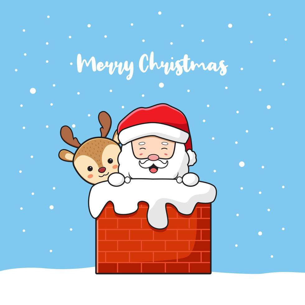 Cute santa claus and deer greeting merry christmas and happy new year cartoon doodle card background illustration vector