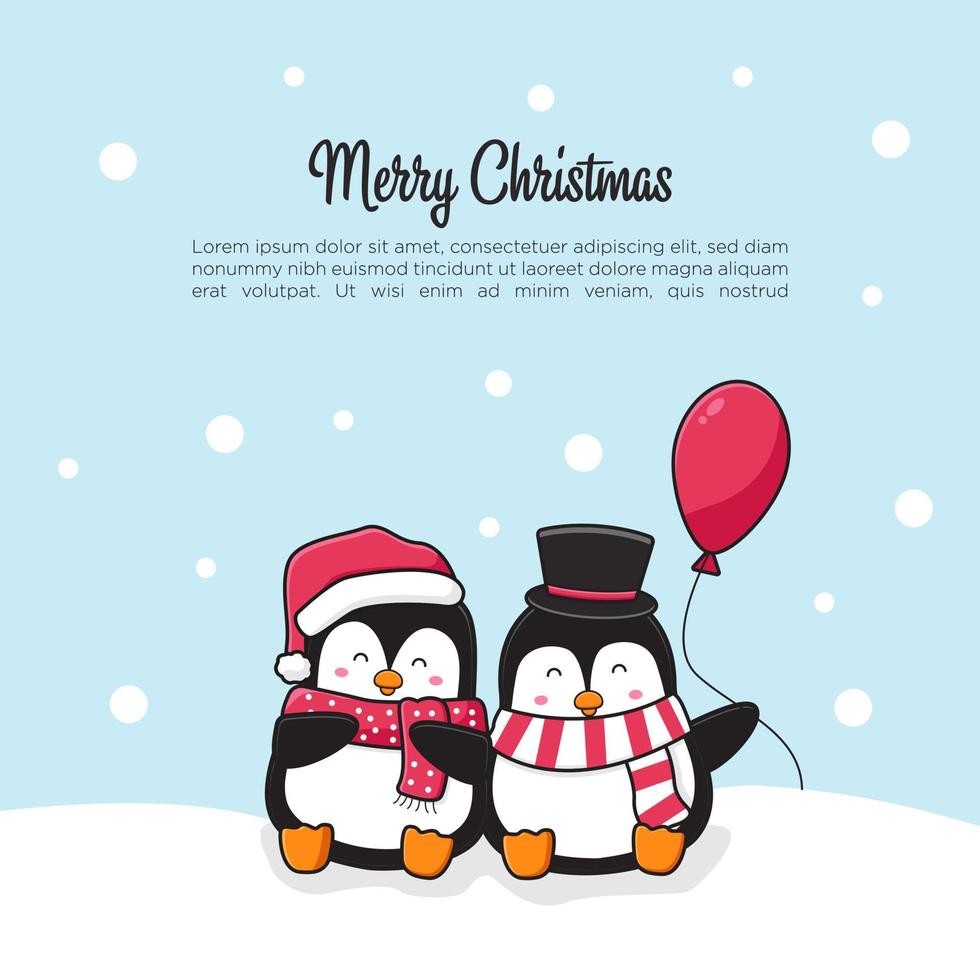 Cute penguin couple greeting merry christmas and happy new year cartoon doodle card background illustration vector