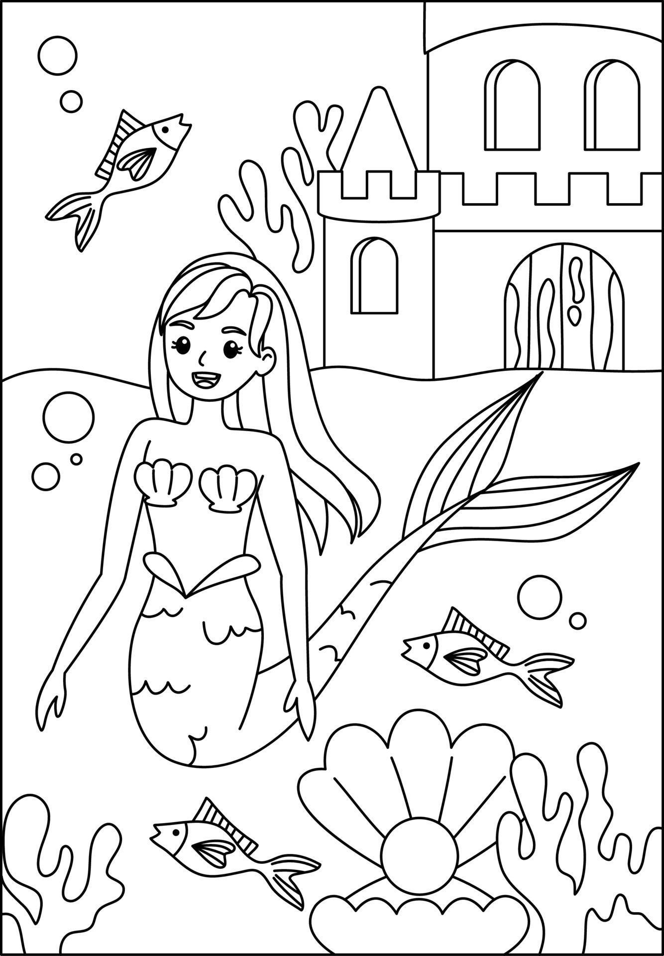 mermaid coloring page for kids 20 Vector Art at Vecteezy
