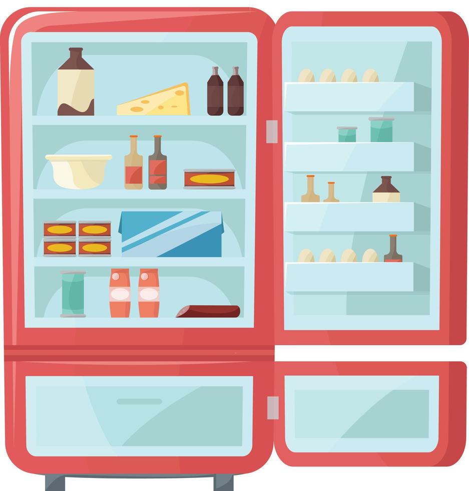 Ilustración de refrigerador con comida, bebidas y utensilios de cocina. vector