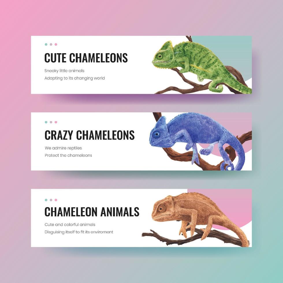 Plantilla de banner con concepto de lagarto camaleón, estilo acuarela vector