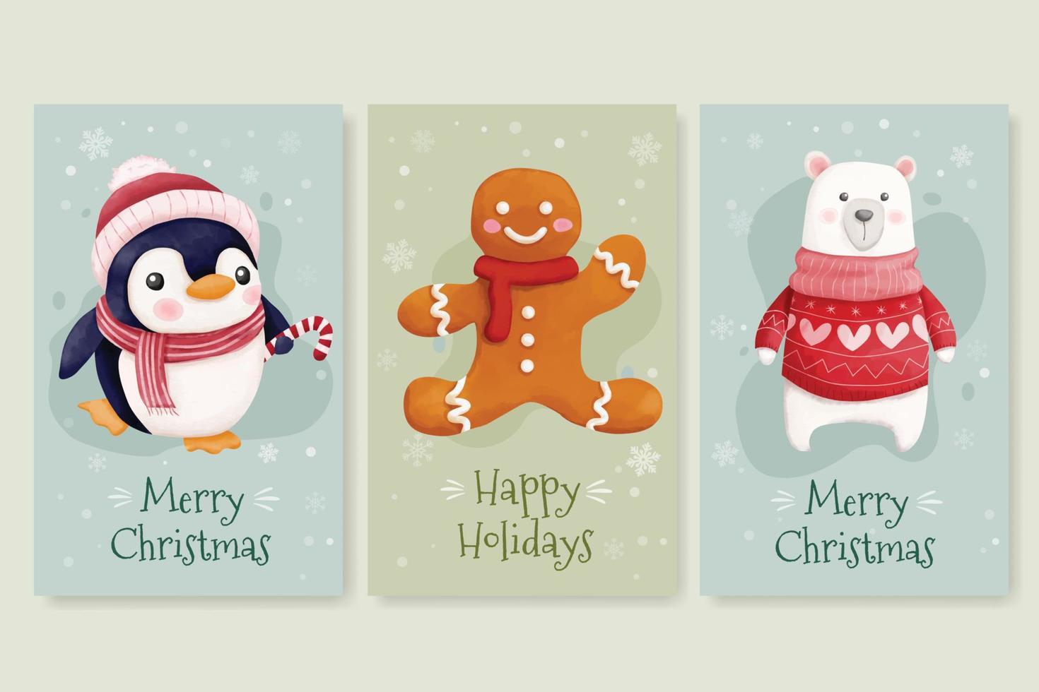 tarjetas navideñas con lindo oso pingüino y galletas de jengibre vector